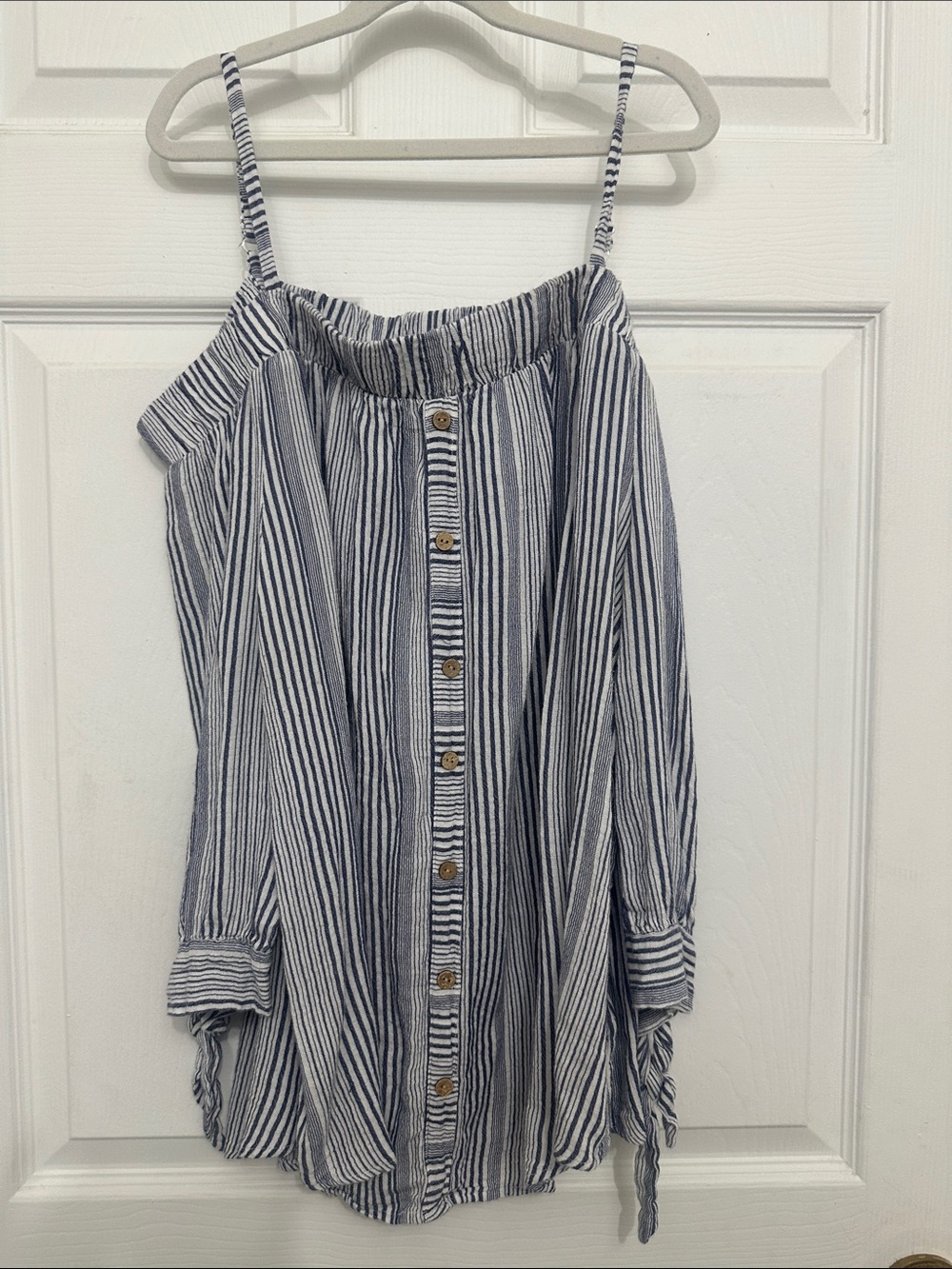 Iz Byer Navy and White Striped Off-Shoulder Button Front Top